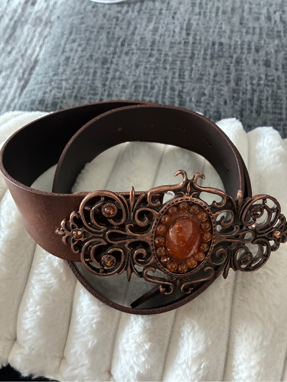 Brown Leather Belt with Ornate Amber Filigree Buckle